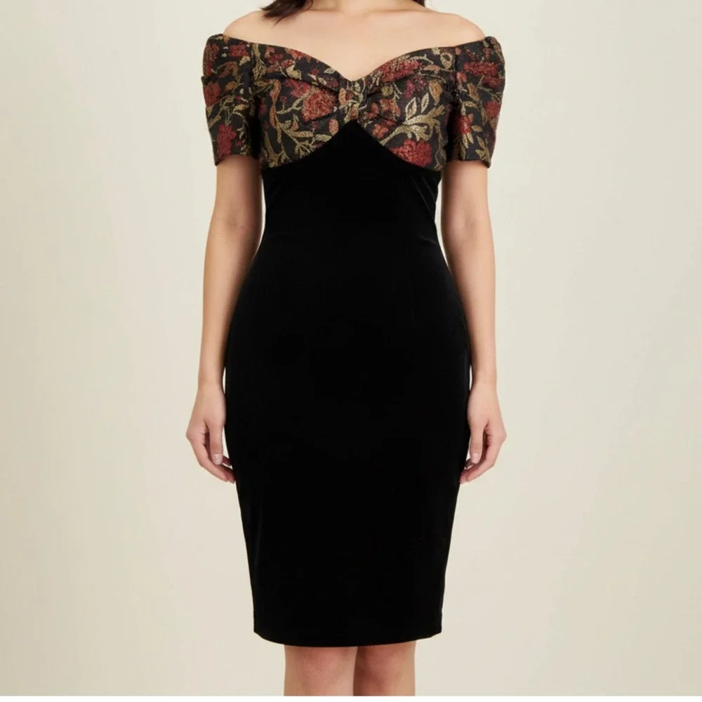 Scott McClintock Vintage 90's Black Velvet Cocktail Dress 6 Off Shoulder Jaquard